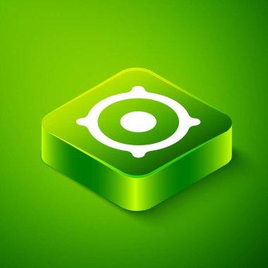 Isometric Stereo hoparlör simgesi yeşil arkaplanda izole edildi. Ses sistemi hoparlörleri. Müzik ikonu. Müzikal sütun hoparlörü. Yeşil kare düğmesi. Vektör