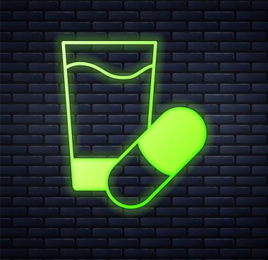 Parlayan neon uyku hapı ikonu tuğla duvar arkasında izole edilmiş. Vektör