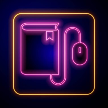 Fare simgesinin siyah arkaplanda izole edildiği parlayan neon elektronik kitap. Çevrimiçi eğitim kavramı. E-kitap rozet ikonu. Vektör