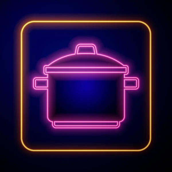 Glowing neon Cooking pot icon isolated on black background. Boil or stew food symbol. Vector — Stock Vector