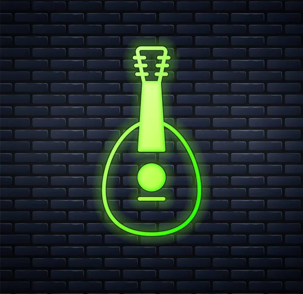 Leuchtende Neon Traditionelles Musikinstrument Mandoline Ikone isoliert auf Backsteinwand Hintergrund. Vektor — Stockvektor