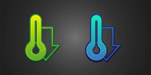 Termômetro de meteorologia verde e azul ícone de medição isolado em fundo preto. Equipamento termômetro mostrando clima quente ou frio. Vetor —  Vetores de Stock