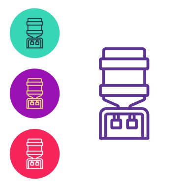 Ofis için su soğutucusunu ve beyaz arka planda izole edilmiş ev simgesini ayarla. Su dağıtıcısı. Şişe ofisi, plastik ve sıvı. Simgeleri renklendirin. Vektör