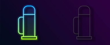 Parlayan neon hattı termos konteynır simgesi siyah arkaplanda izole edildi. Termo matara ikonu. Kamp ve yürüyüş ekipmanları. Vektör