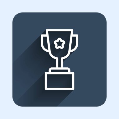 Beyaz çizgi ödül kupası ikonu uzun gölge arkaplan izole. Galibiyet ödülü sembolü. Şampiyonluk ya da yarışma kupası. Spor başarısı işareti. Mavi kare düğme. Vektör