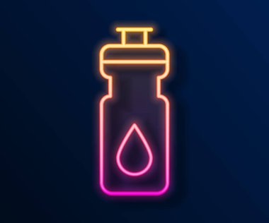 Parlayan neon hattı fitness karıştırıcı simgesi siyah arkaplanda izole edildi. Su ve protein kokteylleri için kapaklı spor karıştırıcı şişesi. Vektör