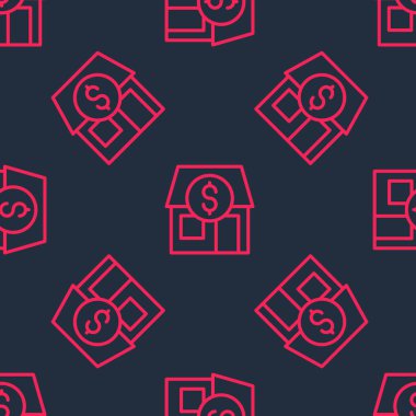 Kırmızı çizgi alışveriş binası ya da market simgesi siyah arka planda izole edilmiş. Dükkan inşaatı. Vektör