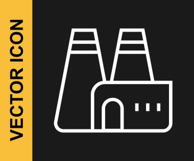 Beyaz Hat Fabrikası yapım ikonu siyah arka planda izole edildi. Endüstriyel bina. Vektör