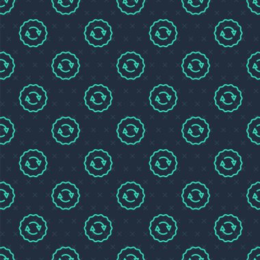 Yeşil çizgi geri dönüşüm sembolü simgesi mavi arkaplanda izole edilmiş pürüzsüz desen. Dairesel ok simgesi. Çevre geri dönüşümü yeşile döner. Vektör