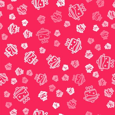 Beyaz çizgi ateş ikonunda pişirme kabı kırmızı arka planda izole edilmiş pürüzsüz desen. Haşlama ya da güveç besin sembolü. Vektör