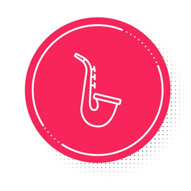 Beyaz çizgi müzik aleti saksafon ikonu beyaz arka planda izole edildi. Kırmızı daire düğmesi. Vektör