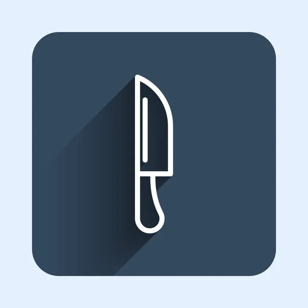 Witte lijn Knife icoon geïsoleerd met lange schaduw achtergrond. Bestek symbool. Blauwe vierkante knop. Vector — Stockvector