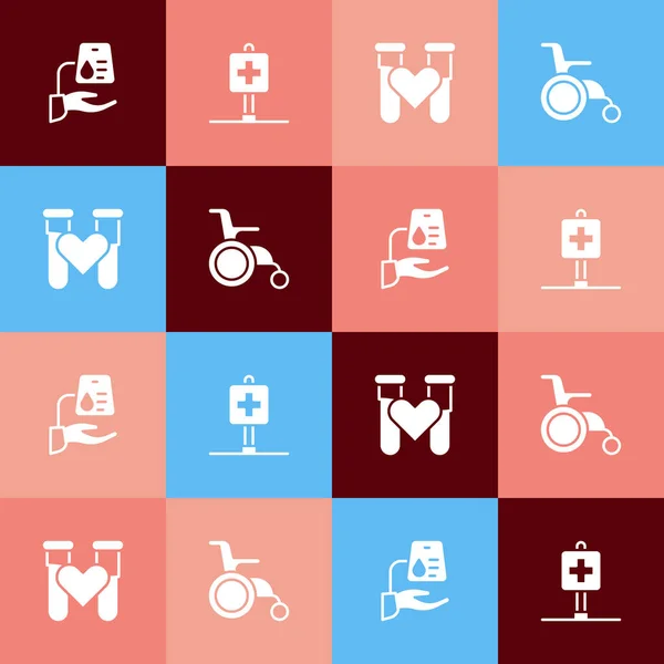 Set pop art Donación de sangre, Lugar hospital, Tubo de ensayo con sangre y silla de ruedas para personas con discapacidad icono. Vector — Archivo Imágenes Vectoriales