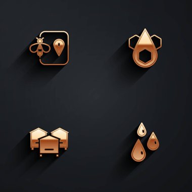 Arı konumu, bal peteği, arılar için kovan ve uzun gölgeli bal damlaları. Vektör