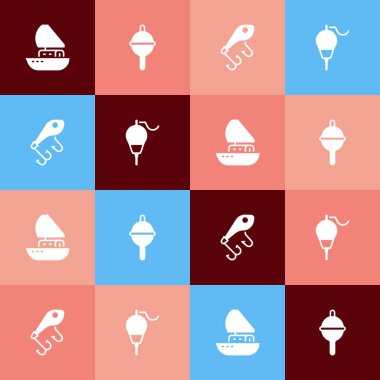 Pop Art Yat yelkenlisini, balıkçı teknesini, yem ve ikonu ayarla. Vektör