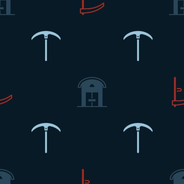 Scythe, Farm House ve Pickaxe 'ı kusursuz düzende ayarla. Vektör