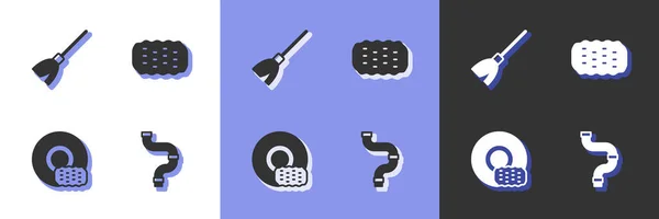 Ange Industri metallrör, Handtag kvast, Tvätt rätter och Svamp ikon. Vektor — Stock vektor