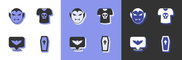 Set Coffin con cruz cristiana, vampiro, murciélago volador y el icono de la calavera de la camisa. Vector — Vector de stock