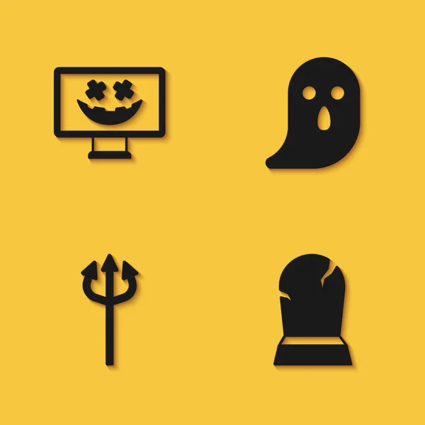 Set Happy Halloween vakantie, Tombstone met RIP geschreven, Trident duivel en Ghost icoon met lange schaduw. Vector — Stockvector