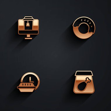 İnternetten sürekli Donut siparişi ver ve uzun gölgeli yemek ikonu. Vektör.