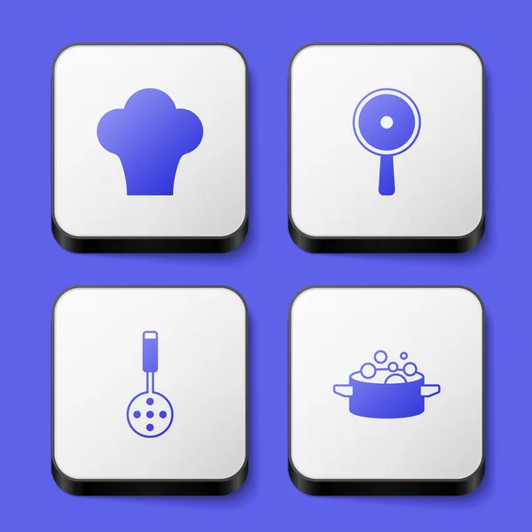 Set Chef Hat Frying Pan Patula Cooking Pot Icon Белая — стоковый вектор