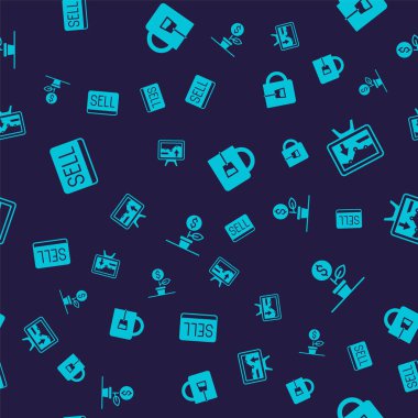 Satış düğmesini ayarla, grafik grafikli monitör, bir fincan çay ve dolar bitkisi kusursuz desenli. Vektör