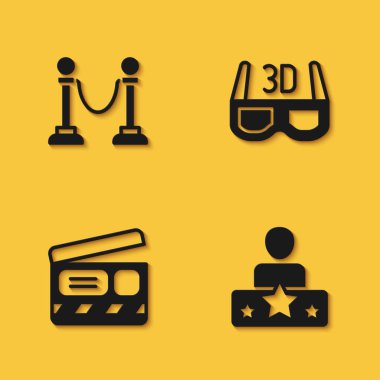 İp bariyerini, aktör yıldızını, film alkışını ve uzun gölgeli 3 boyutlu sinema gözlüğü ikonunu ayarla. Vektör