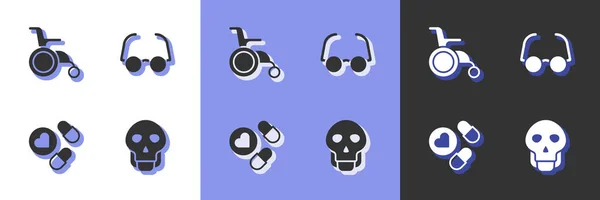 Set Crânio, cadeira de rodas para pessoa com deficiência, comprimido de medicina e ícone de óculos. Vetor — Vetor de Stock