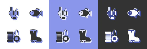 Set Botas de pesca, carrete giratorio para la pesca, y el icono. Vector — Vector de stock