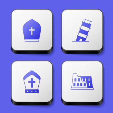 Papa şapkası, Pisa 'daki Eğik Kule ve Coliseum ikonunu ayarla. Beyaz kare düğme. Vektör