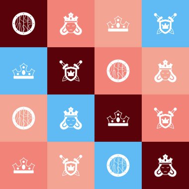 Popüler sanat eserlerini tahta kalkanlara, prensese ya da kraliçeye, kral tacına ve kılıç ikonuna göre ayarla. Vektör