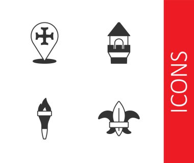 Fleur de Lys ya da zambak çiçeği, Haçlı Seferi, Meşale Alevi ve Kale ikonu. Vektör