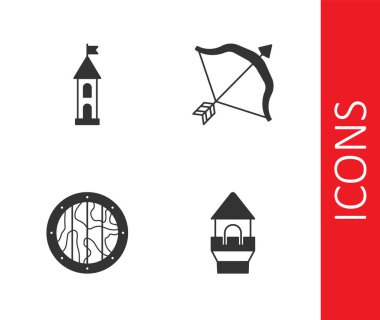 Kale kulesi, yuvarlak ahşap kalkan ve ortaçağ yayı ve ok ikonu kur. Vektör