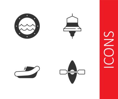 Kano ve kürek, gemi lombozu, motor ve çan ikonlu şişme tekne. Vektör