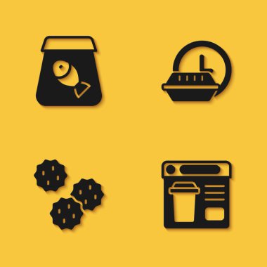 İnternetten balık, yiyecek, kurabiye sipariş et ve uzun gölgeli 24 saat teslimat ikonu getir. Vektör