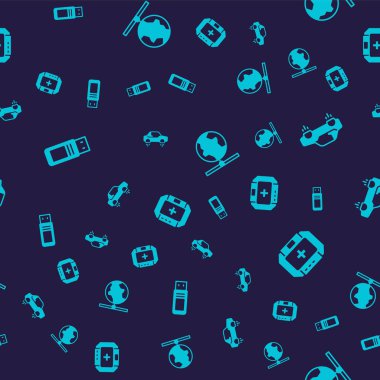 USB flaş bellek, fantastik uçan araba, küresel teknoloji ve ilk yardım çantasını kusursuz şablona ayarlayın. Vektör