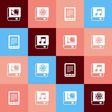 Geometri, fizik, e-kitap okuyucu ve ses kitabı ikonu hakkında pop sanat kitabı ayarla. Vektör