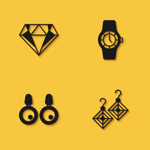 Set Diamond, Earrings, and Wrist watch icon with long shadow. Vector — Stock Vector