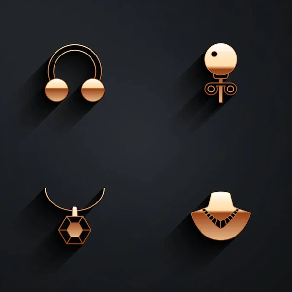 Set Piercing, Ohrstecker, Anhänger an Halskette und Halskette Schaufensterpuppe Symbol mit langem Schatten. Vektor — Stockvektor