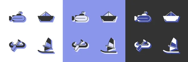 Set Windsurfing, Ponorka, kajak a pádlo a skládaný papírový člun ikonu. Vektor — Stockový vektor