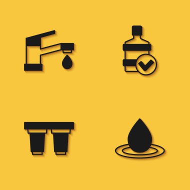 Su musluğu, damla, filtre kartuş ve uzun gölgeli temiz su ikonu ile büyük şişe ayarlayın. Vektör