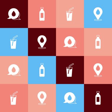 Pop sanat su damlasını konuşma baloncukları, bir şişe su, cam ve konum ikonu ile ayarlayın. Vektör