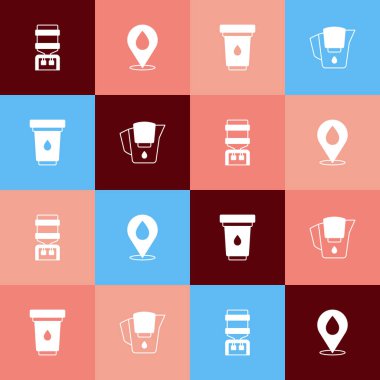 Popüler su soğutucusunu ayarlayın, konumu ayarlayın, kartuş filtresi ve sürahi simgesi koyun. Vektör