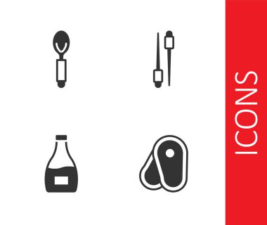 Biftek, kaşık, sos şişesi ve yemek çubuğu ikonu. Vektör