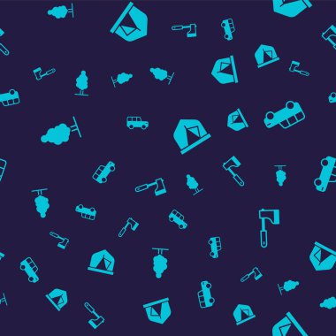 Ağaç, Safari arabası, turist çadırı ve pürüzsüz bir şablonda tahta balta. Vektör