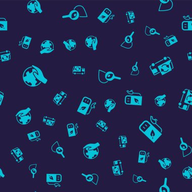 El ele tutuşan Dünya küresi, çöp kamyonu, büyüteç ve benzin istasyonunu pürüzsüz bir şablona ayarla. Vektör