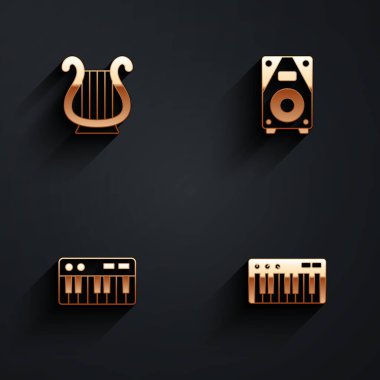 Antik Yunan Liri, Stereo hoparlörü, Müzik Sentezleyicisi ve uzun gölgeli ikon. Vektör