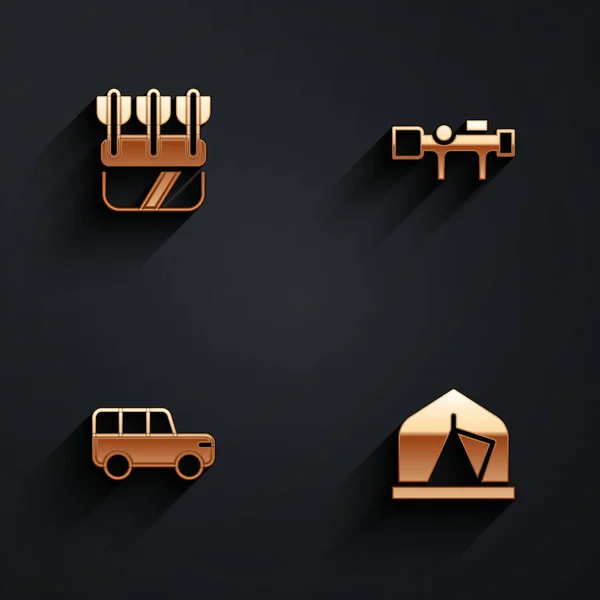 Set Carquois avec flèches, visée optique Sniper, voiture Safari et icône de tente touristique avec ombre longue. Vecteur — Image vectorielle