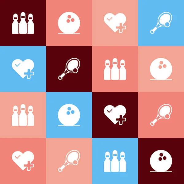Set pop art Bolos, pelota, ritmo cardíaco y raqueta de tenis con icono. Vector — Vector de stock