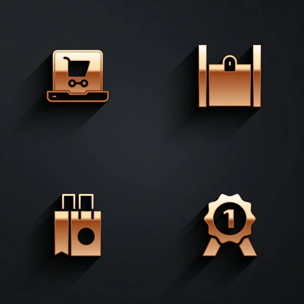 Set Warenkorb auf dem Bildschirm Laptop, Einkaufstasche aus Papier und Medaille Symbol mit langem Schatten. Vektor — Stockvektor